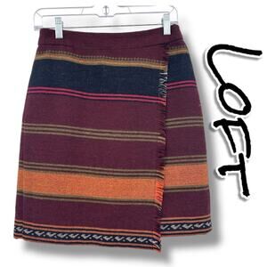 Loft Southwestern Blanket Faux Wrap Skirt Fringe Red Striped Cotton Womens Sz 2